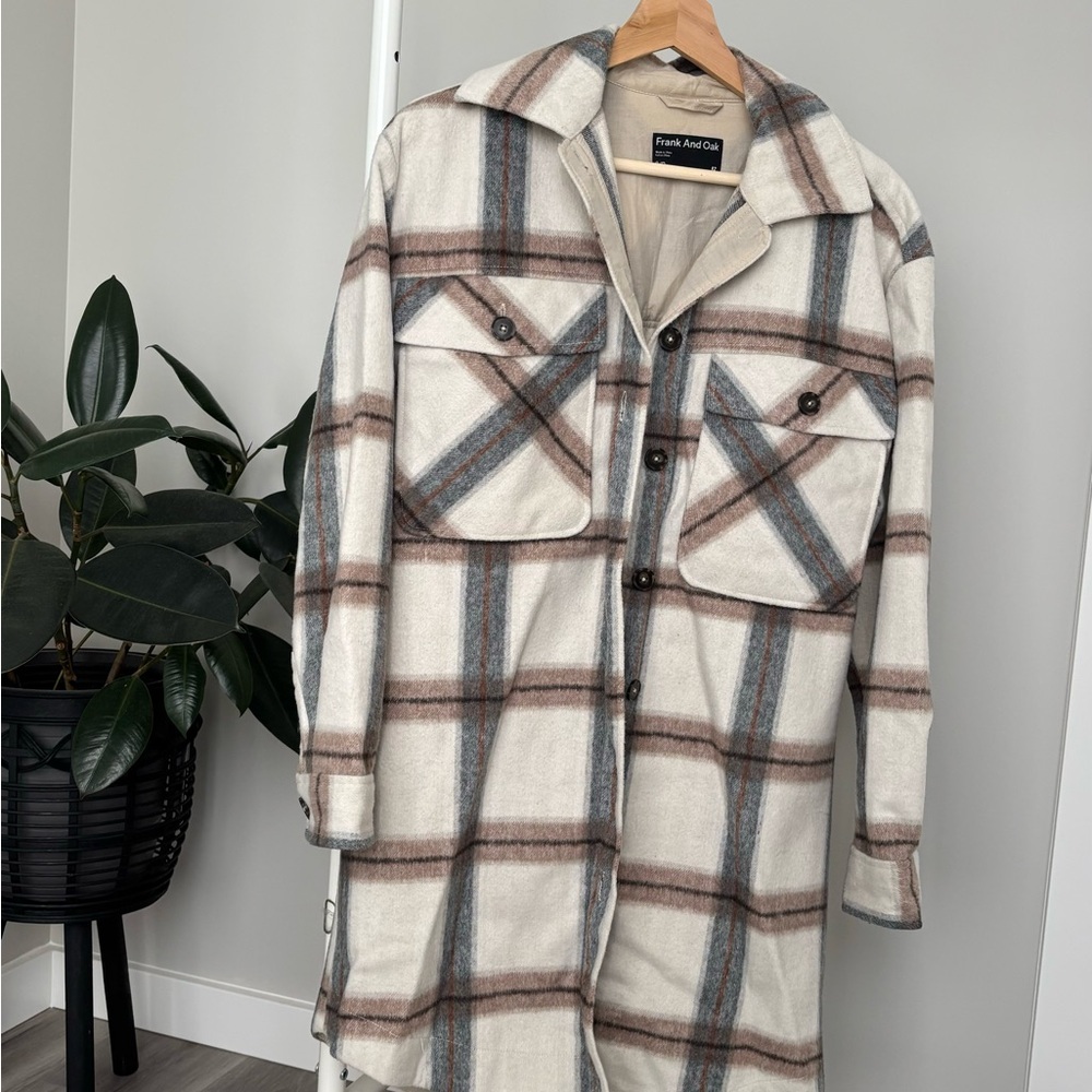 Frank & Oak Cream Plaid Button-Up Coat with Brown & Blue Stripes